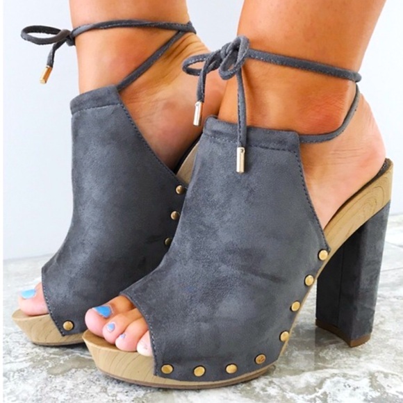 Reneeze Shoes - Reneeze Gray Studded Ankle Tie Peep Toe Heels  Size 7.5